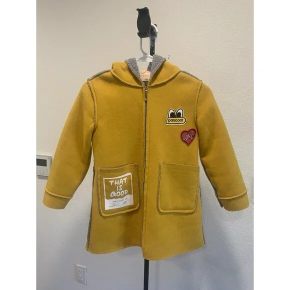 (D-117)Girls Mustard Yellow Hooded Coat Size 7 Zip Front Pockets Cute Patch Jack - Picture 2 of 7